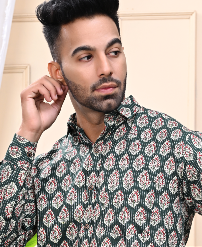 Green - Floral Print Sanganeri Shirt
