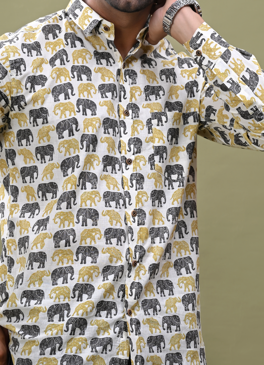 Black Yellow Elephant Printed Sanganeri Shirt