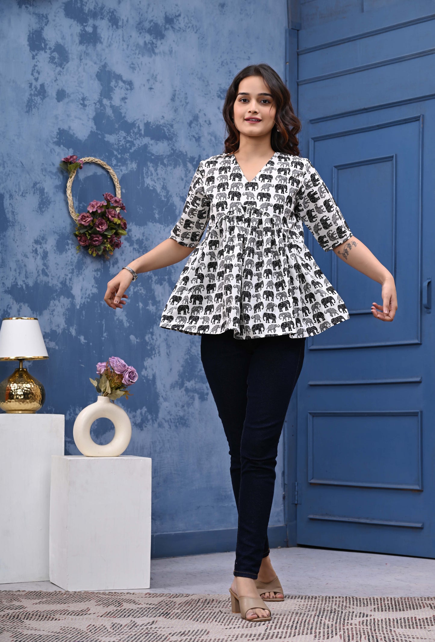 Elephant Print Sanganeri Women's Top