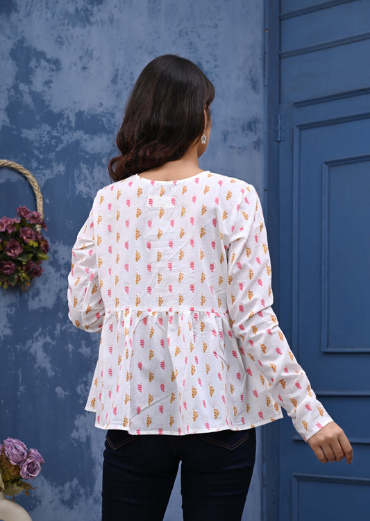 Pink And Orange Leaf Print Sanganeri Women's Top