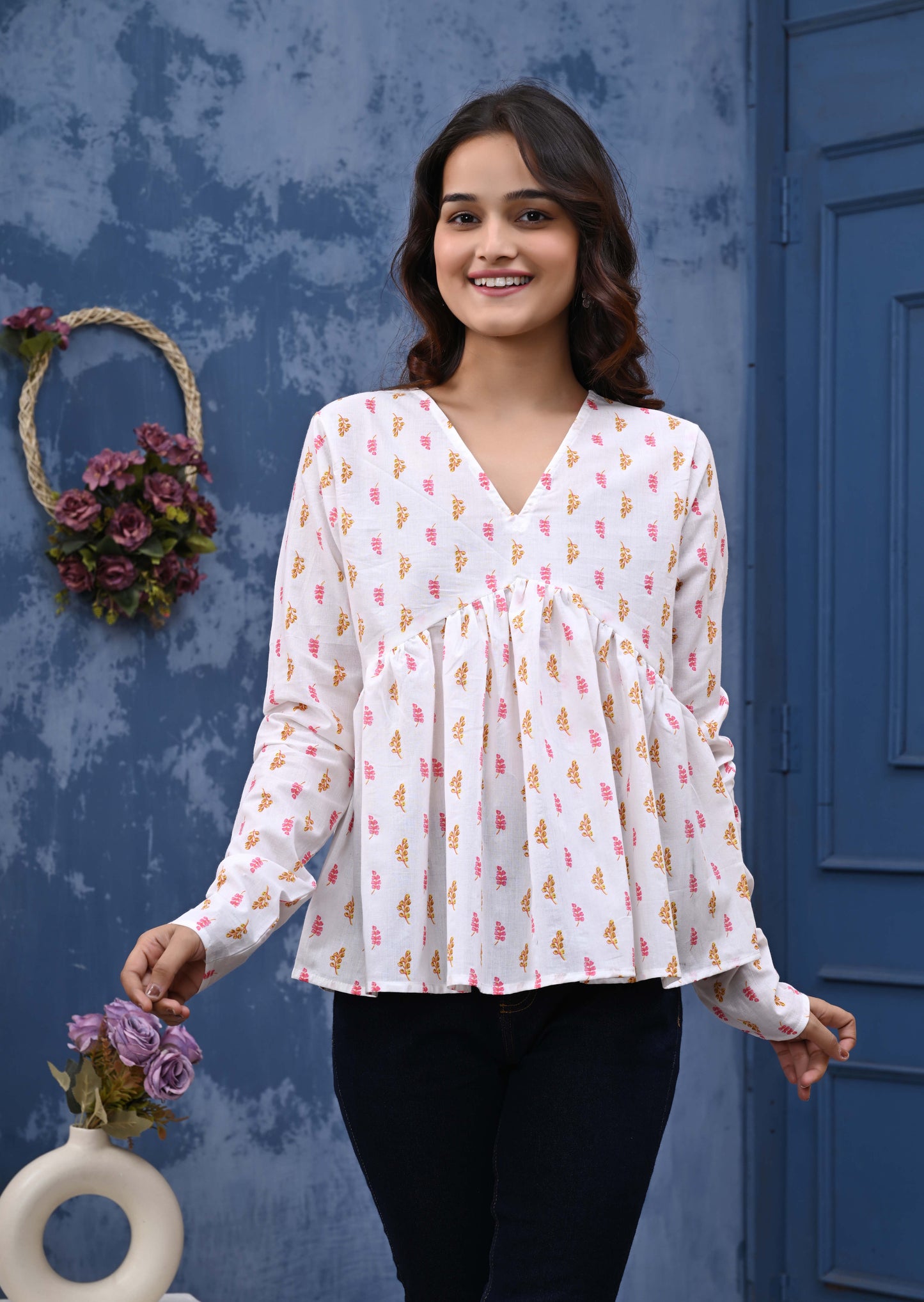 Pink And Orange Leaf Print Sanganeri Women's Top