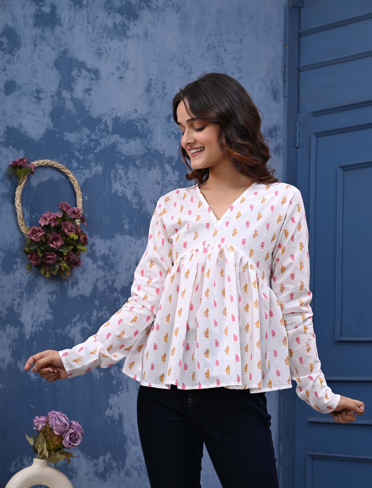 Pink And Orange Leaf Print Sanganeri Women's Top