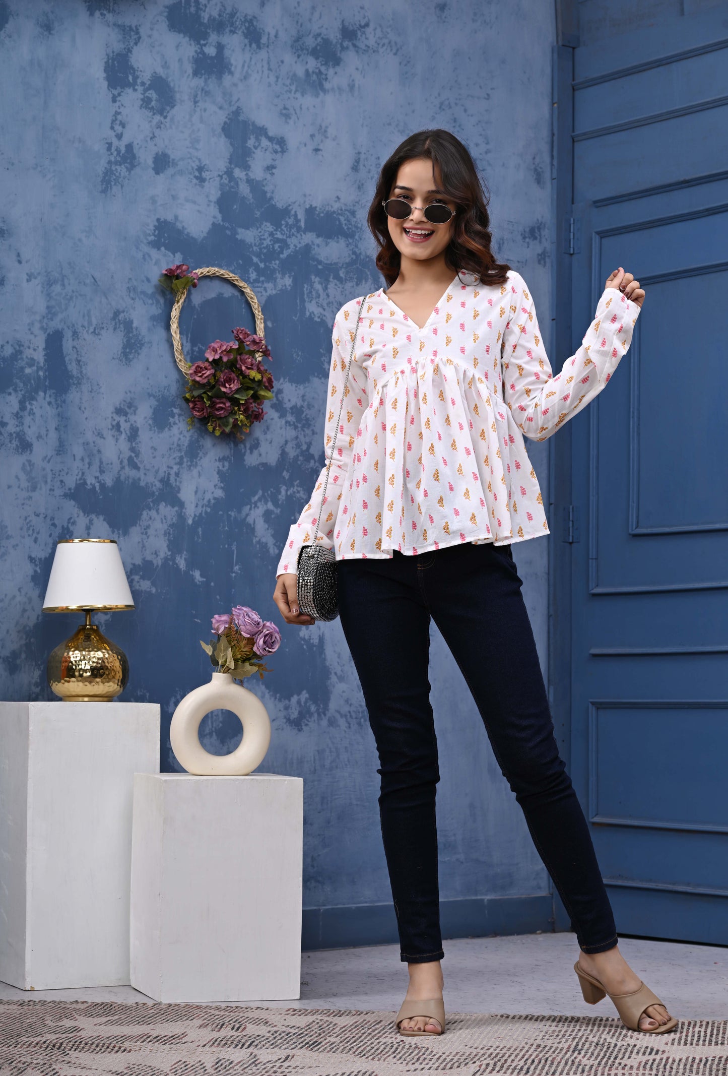 Pink And Orange Leaf Print Sanganeri Women's Top