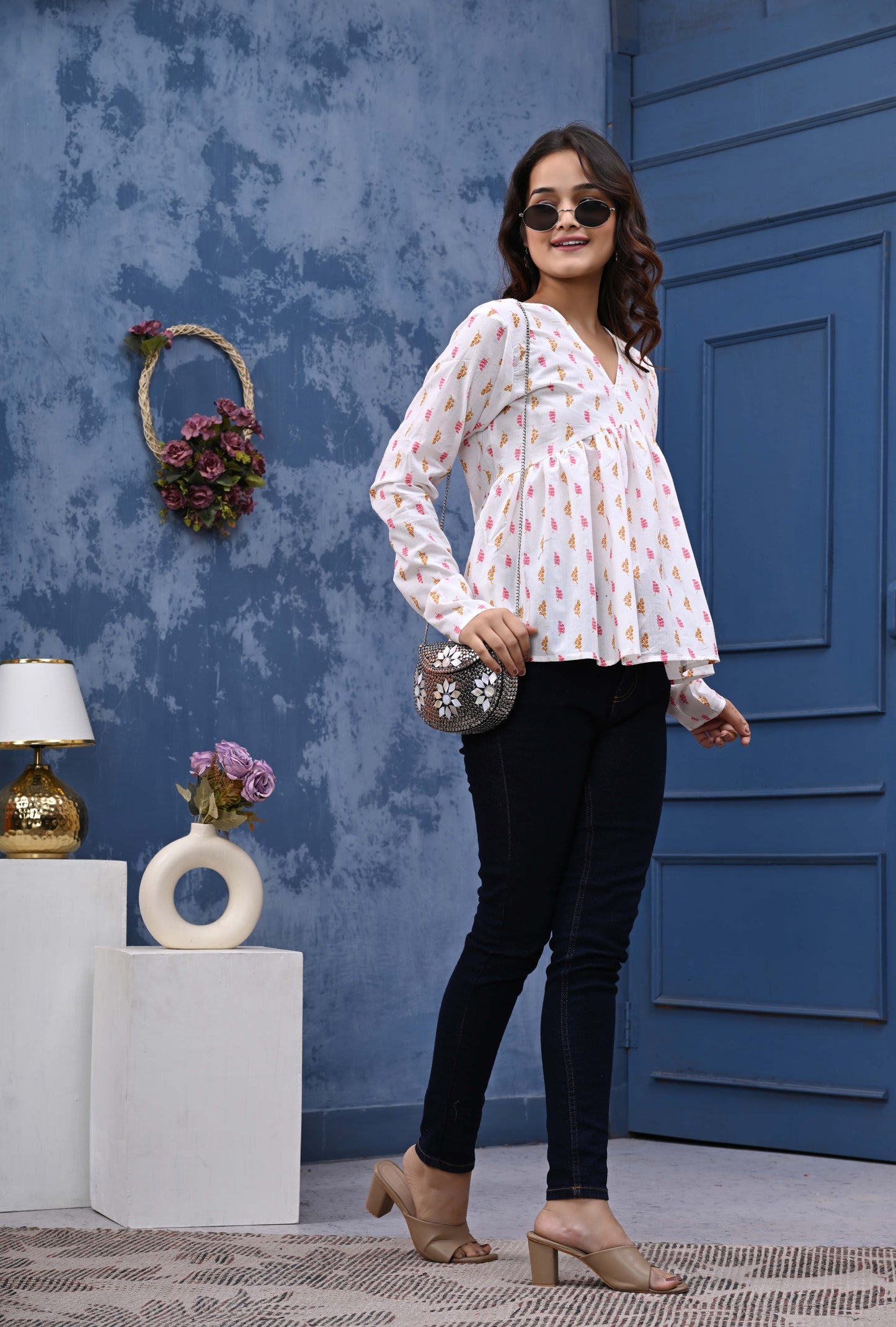 Pink And Orange Leaf Print Sanganeri Women's Top