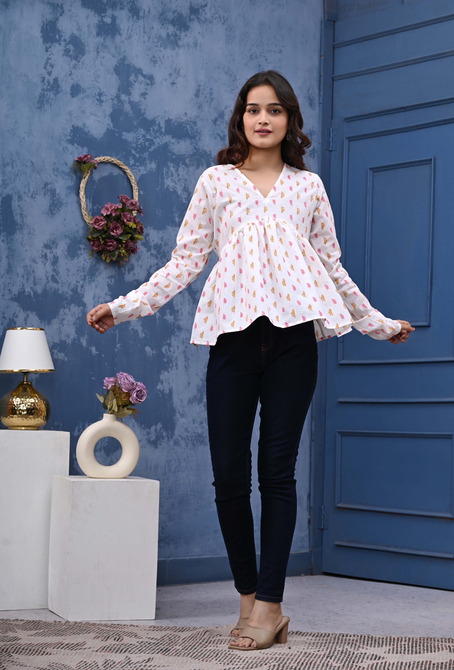 Pink And Orange Leaf Print Sanganeri Women's Top