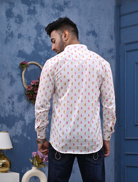 PInk And Orange Leaf Sanganeri Print Shirt