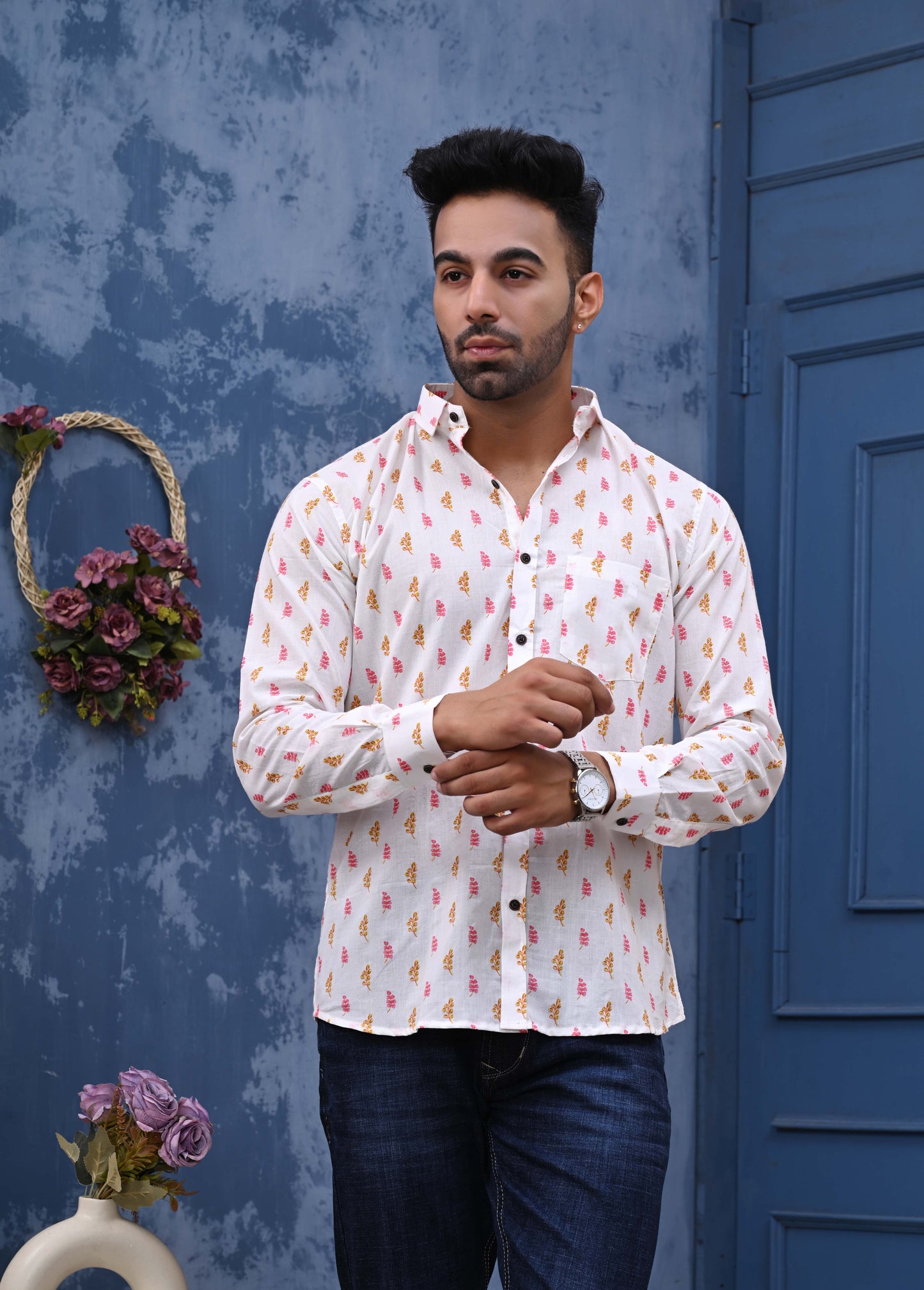 PInk And Orange Leaf Sanganeri Print Shirt