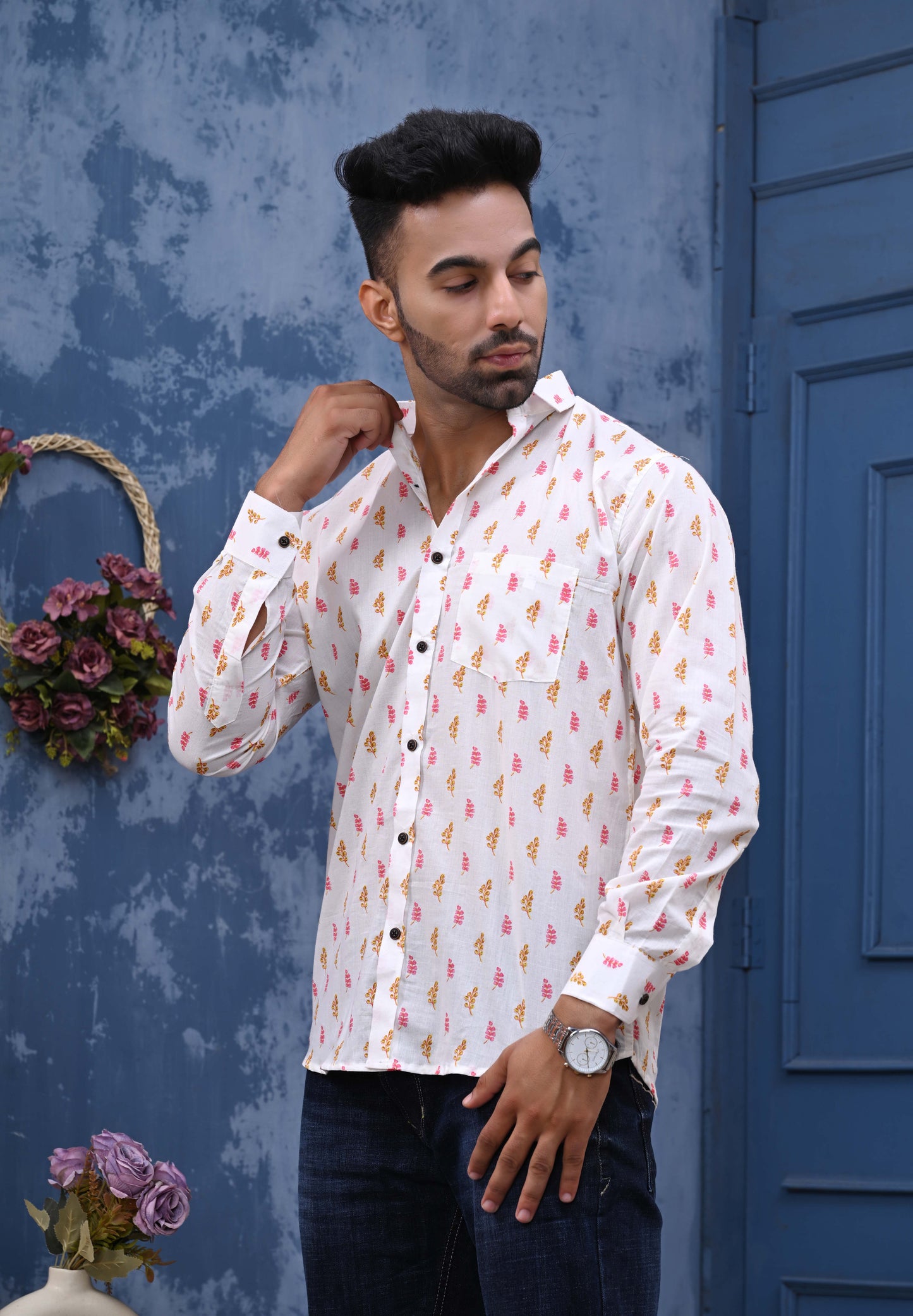 PInk And Orange Leaf Sanganeri Print Shirt
