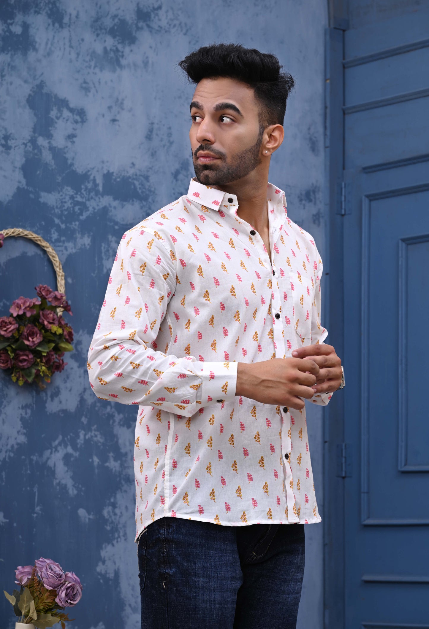 PInk And Orange Leaf Sanganeri Print Shirt
