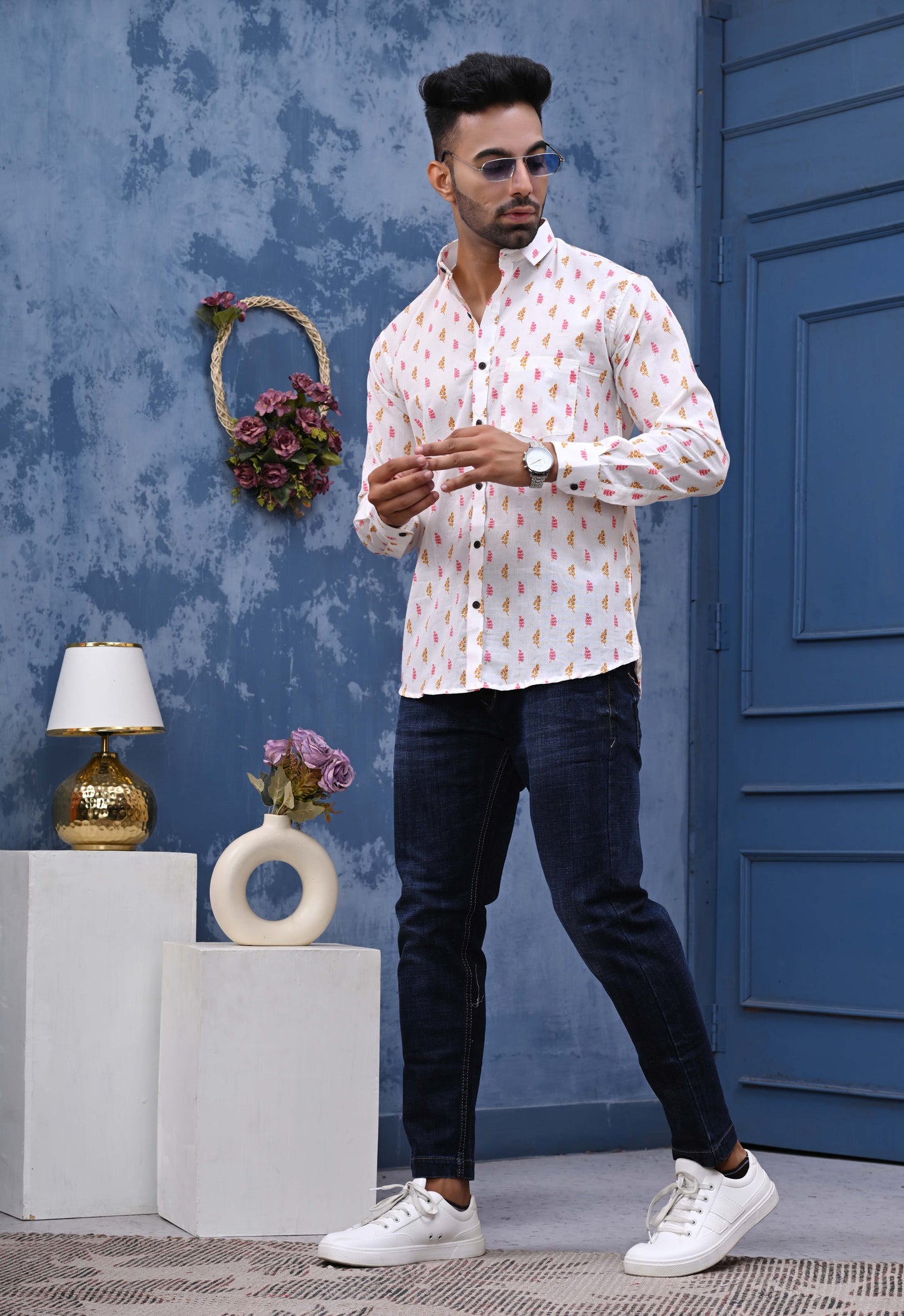 PInk And Orange Leaf Sanganeri Print Shirt