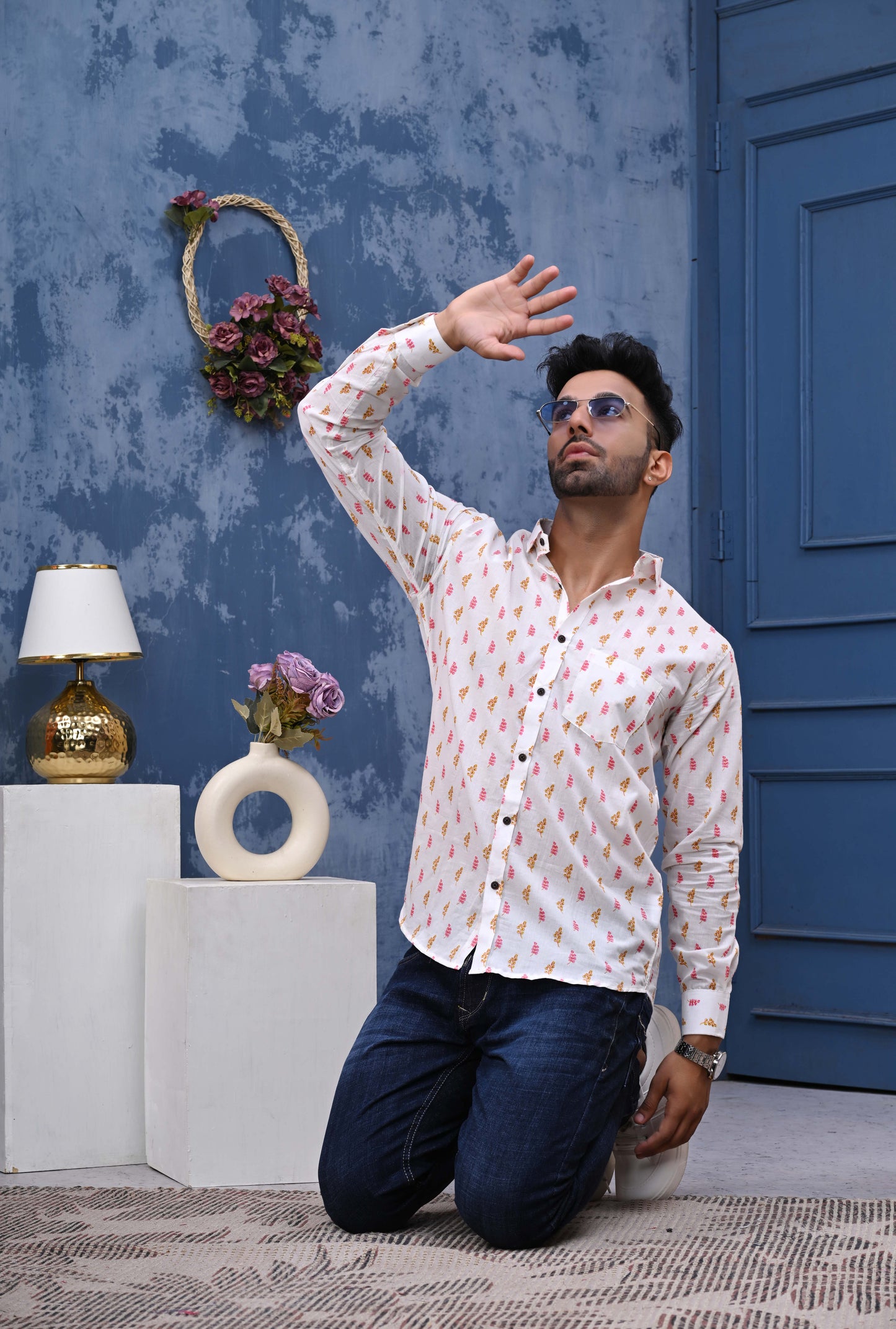 PInk And Orange Leaf Sanganeri Print Shirt