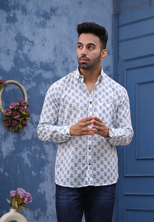 White Blue Flowers Print Sanganeri Shirt