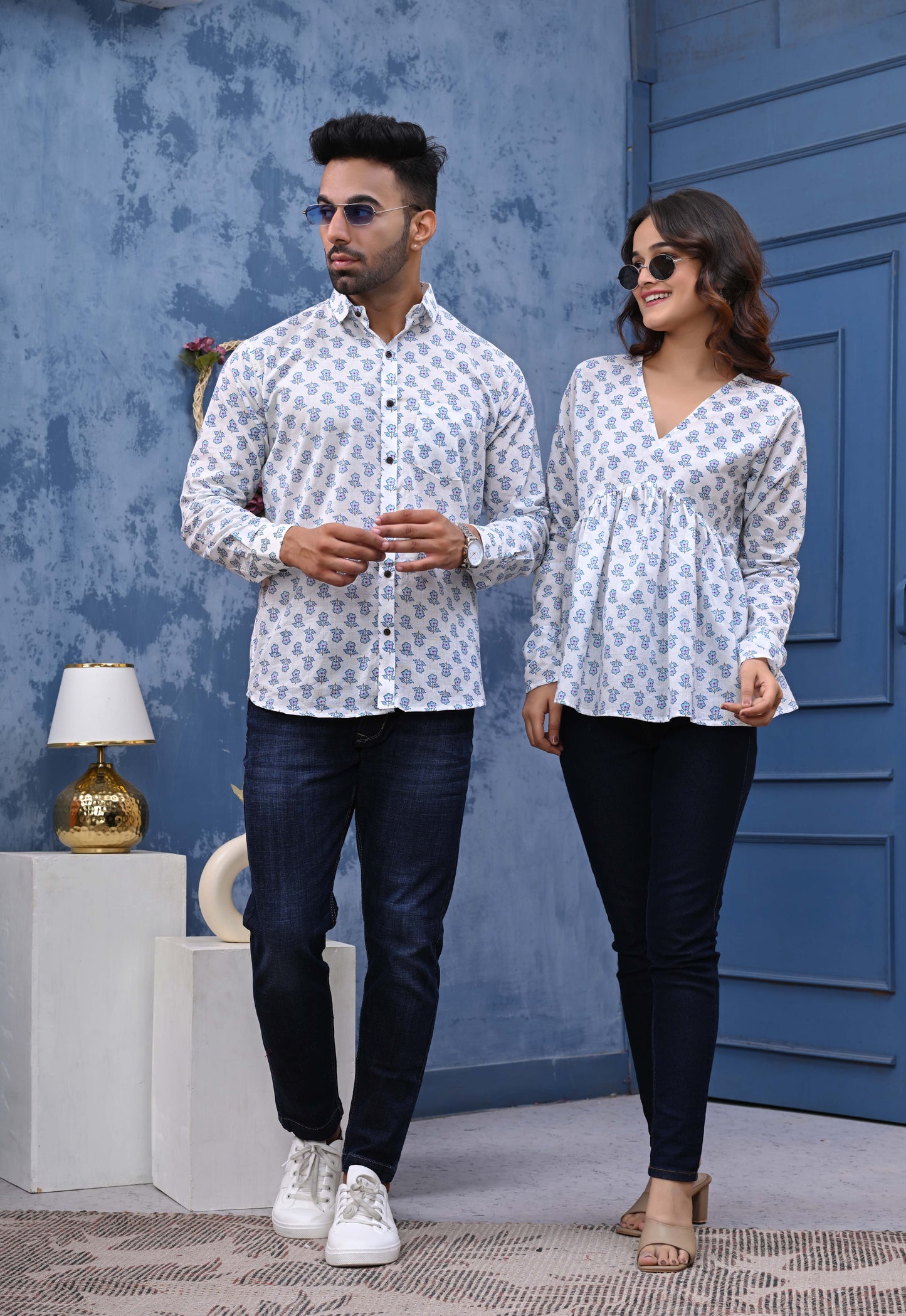 White Blue Flower Print Sanganeri Combo