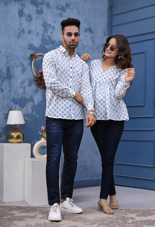 White Blue Flower Print Sanganeri Combo