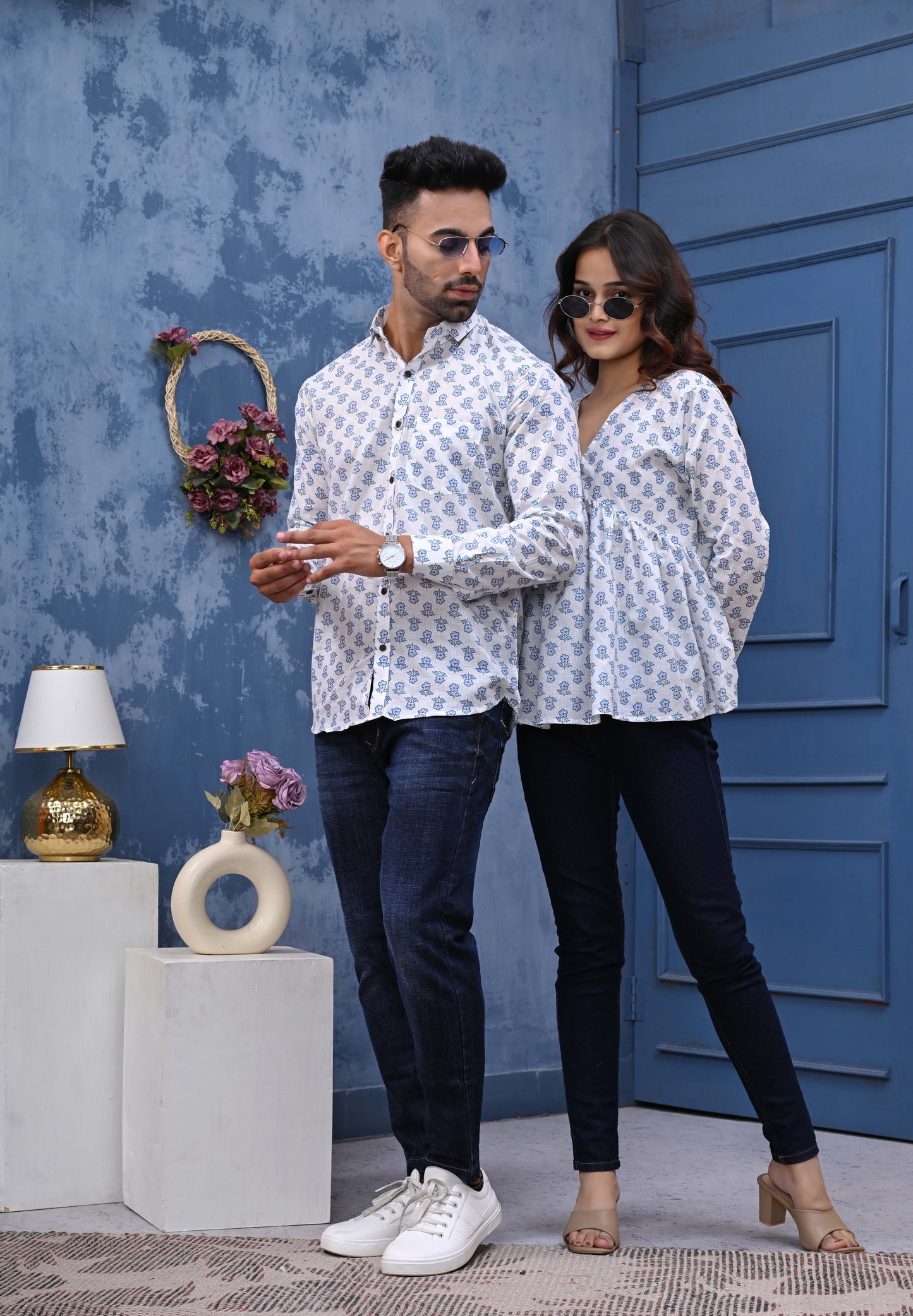 White Blue Flower Print Sanganeri Combo