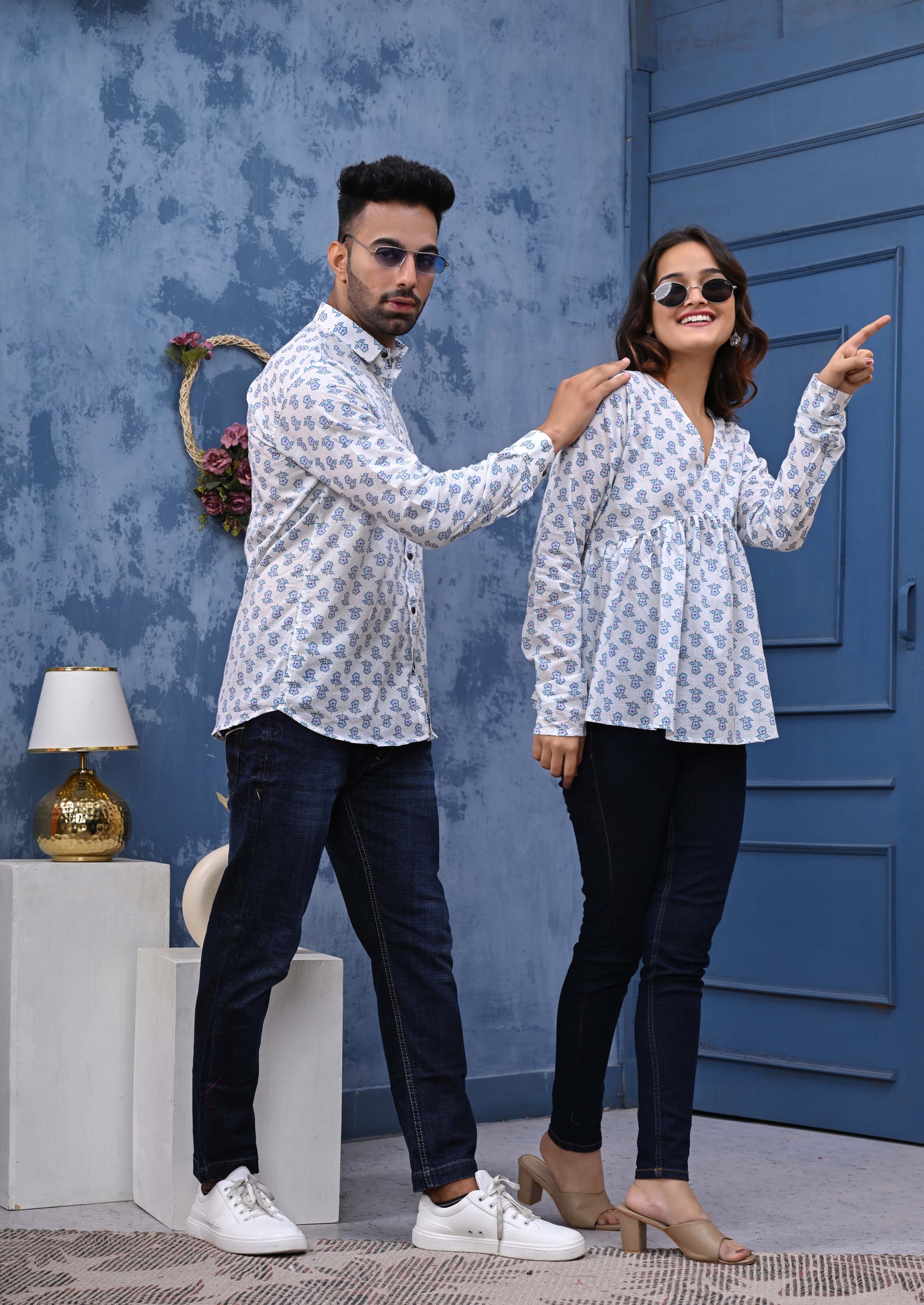 White Blue Flower Print Sanganeri Combo