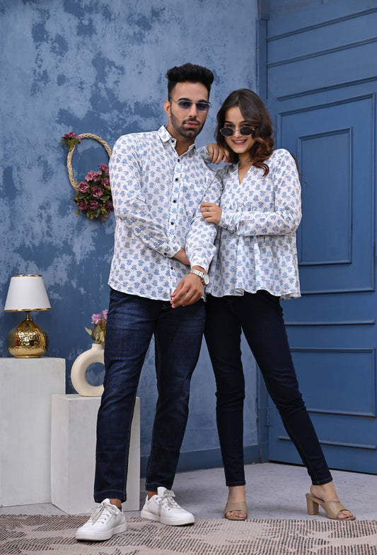 White Blue Flower Print Sanganeri Combo