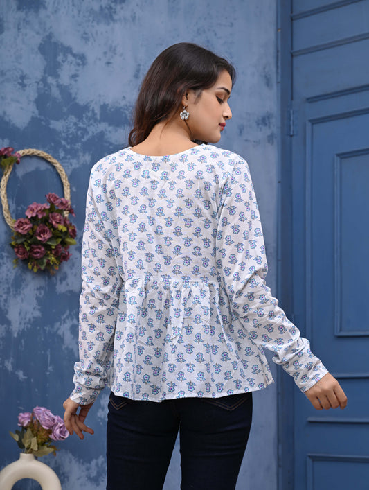 White Blue Flower Print Sanganeri Women's Top