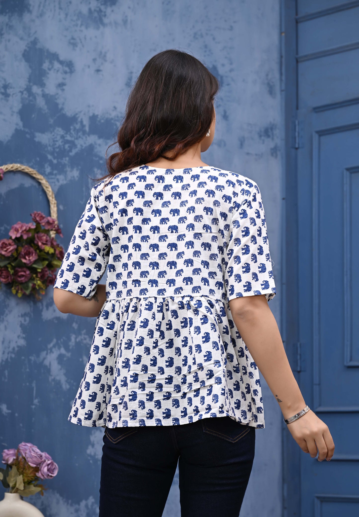 Blue Elephant Print Sanganeri Women's Top