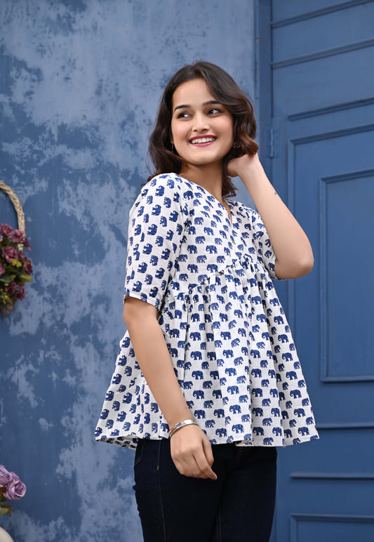 Blue Elephant Print Sanganeri Women's Top