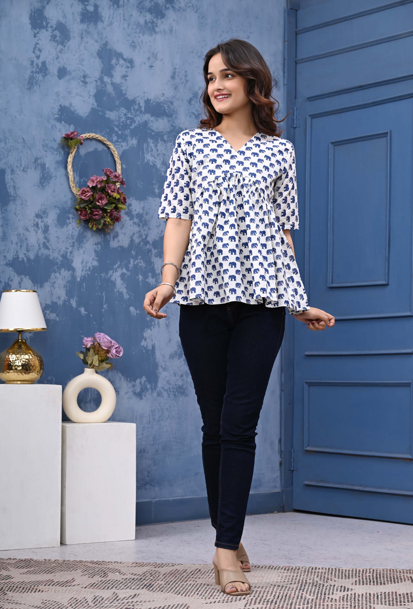 Blue Elephant Print Sanganeri Women's Top