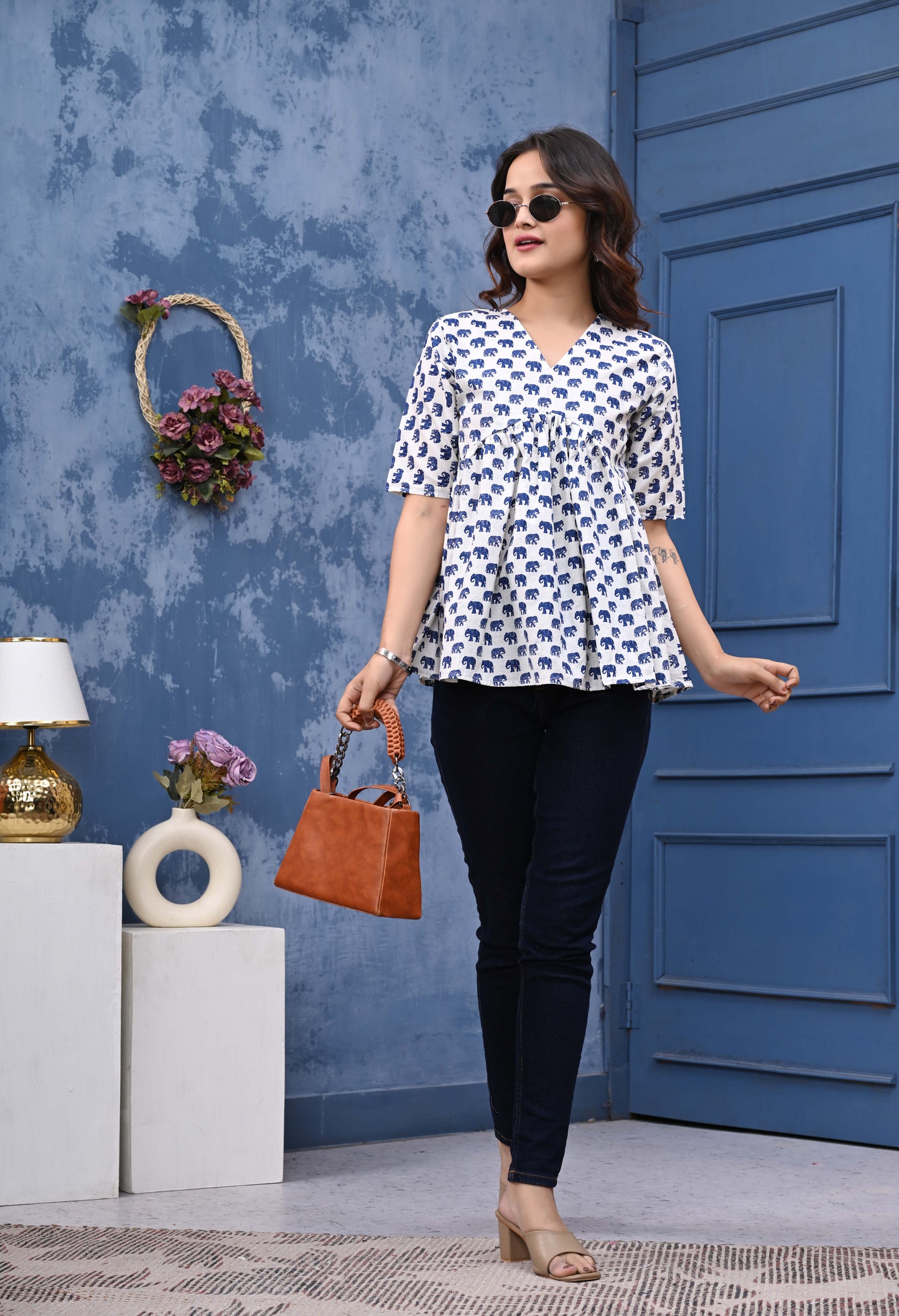 Blue Elephant Print Sanganeri Women's Top