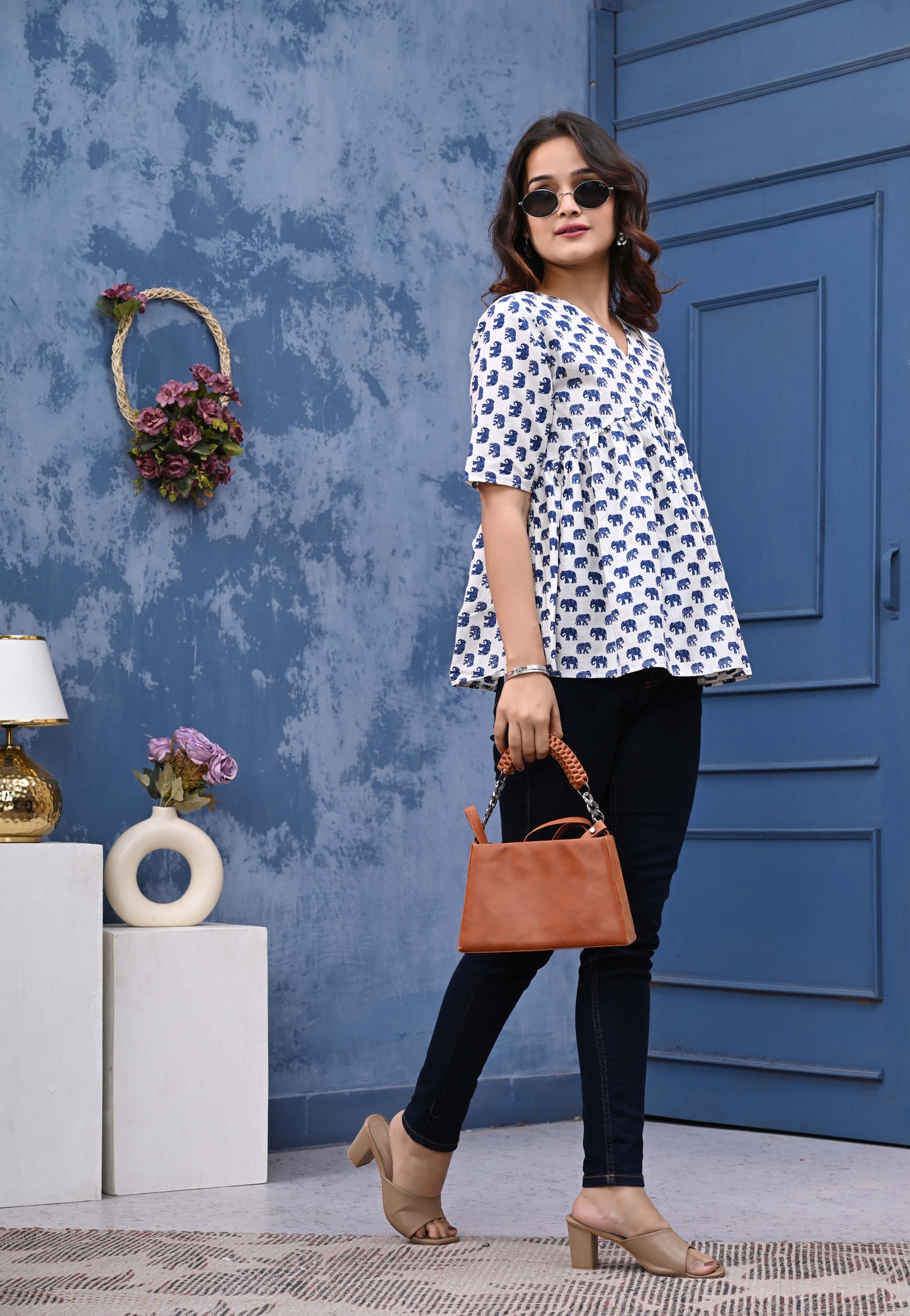 Blue Elephant Print Sanganeri Women's Top