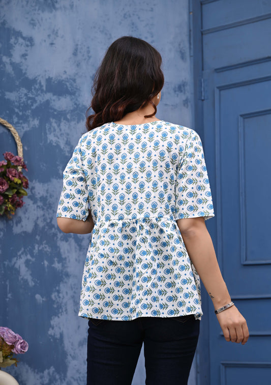 Blue Greem Feather Print Sanganeri Women's Top