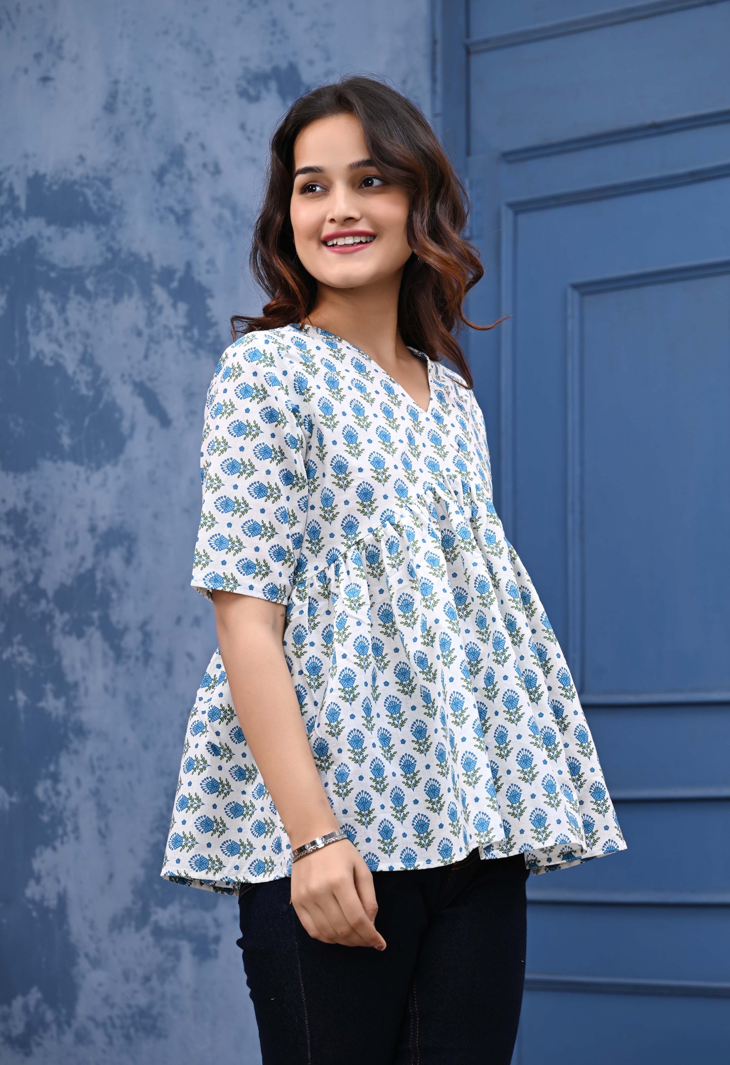 Blue Greem Feather Print Sanganeri Women's Top
