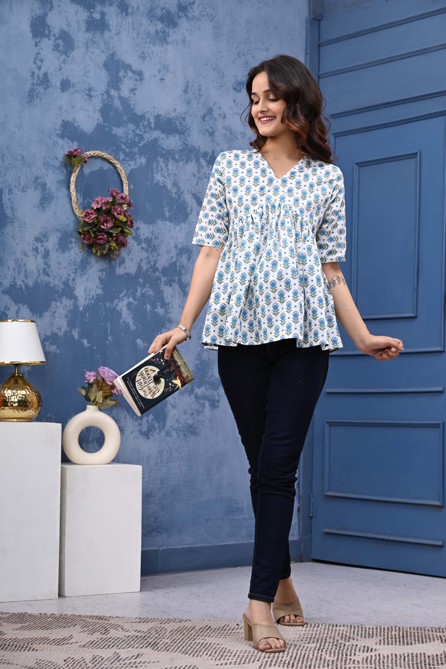 Blue Greem Feather Print Sanganeri Women's Top
