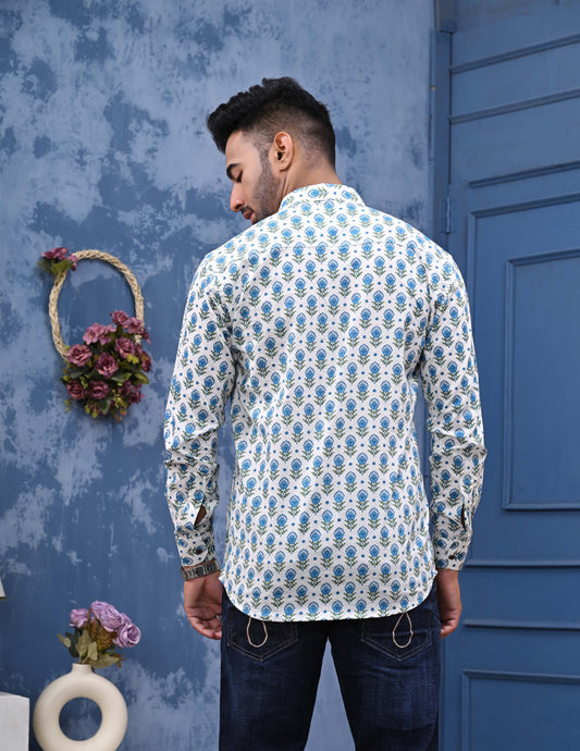 Blue Green Feather Print Sanganeri Shirt