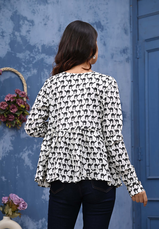 White Camel Print Sanganeri Women's Top