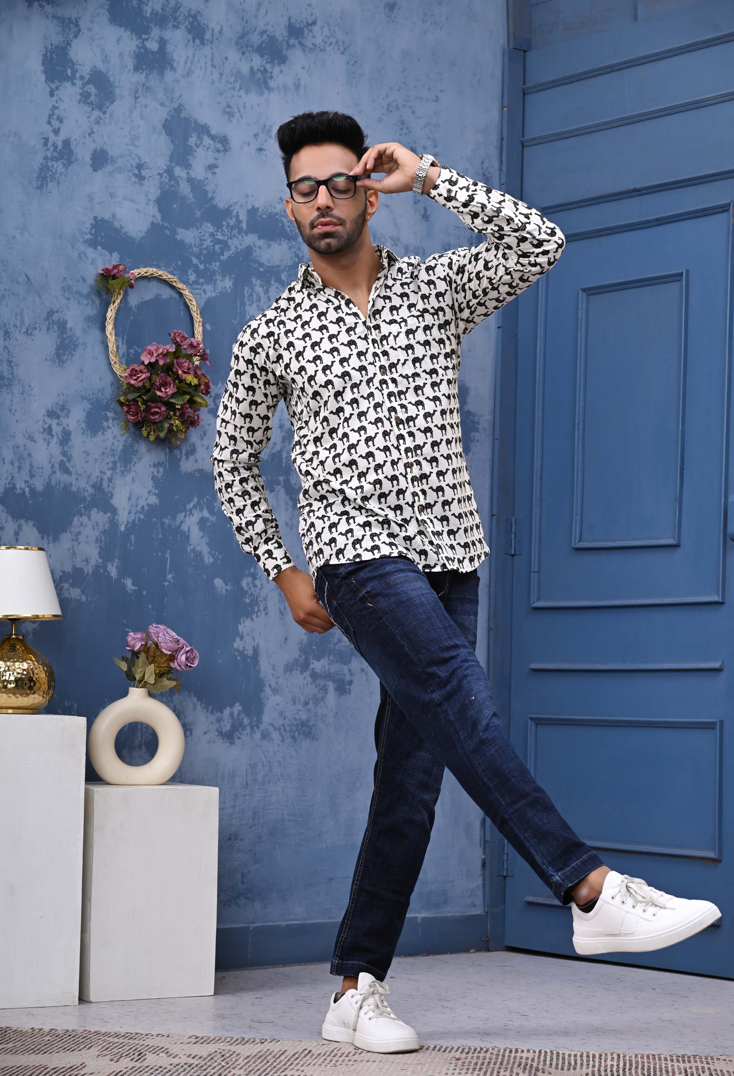 White Camel Print Sanganeri Shirt