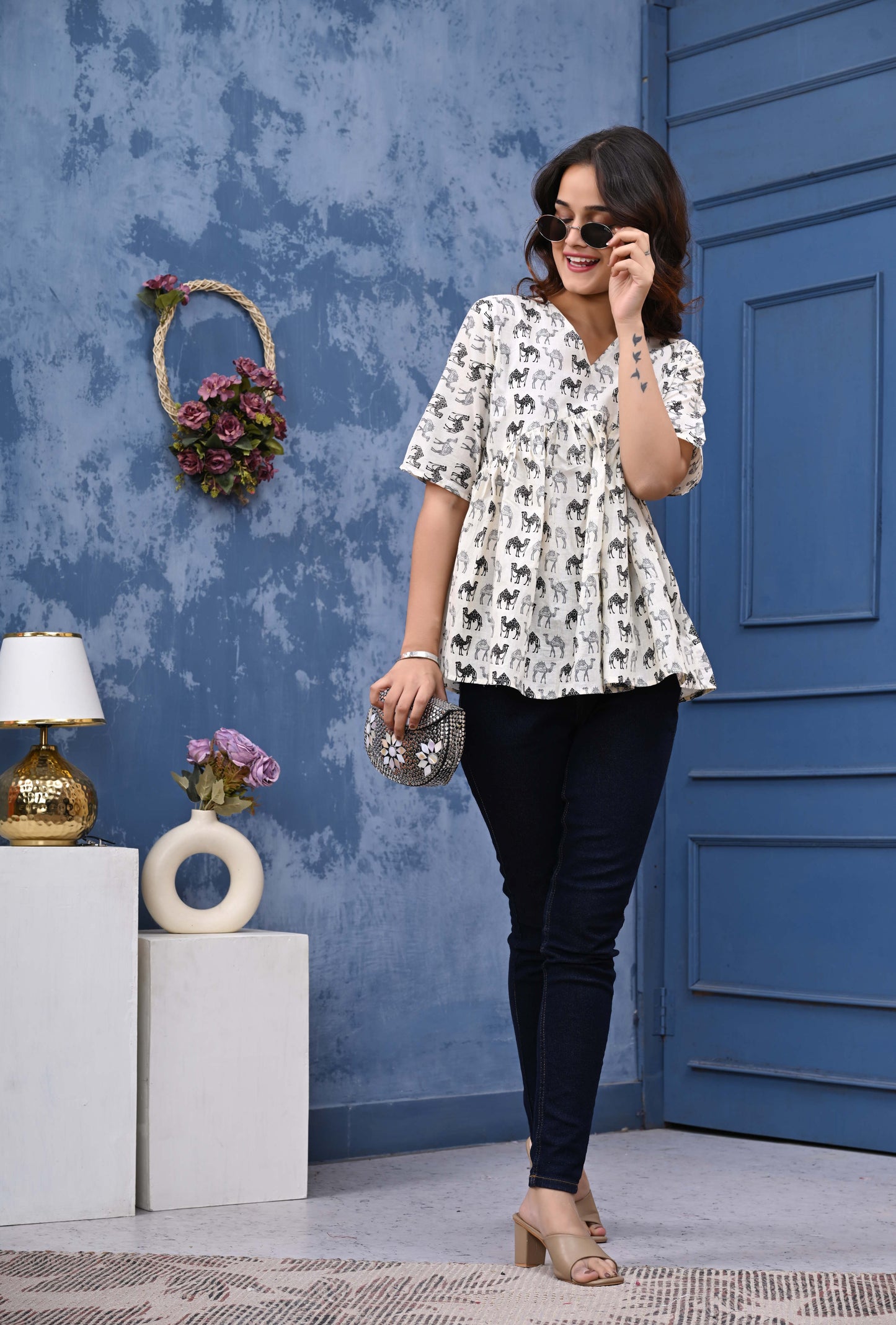 Camel Print Sanganeri Women's Top