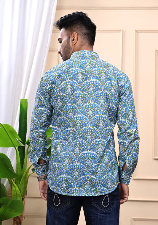Blue Green Floral Print Sanganeri Shirt