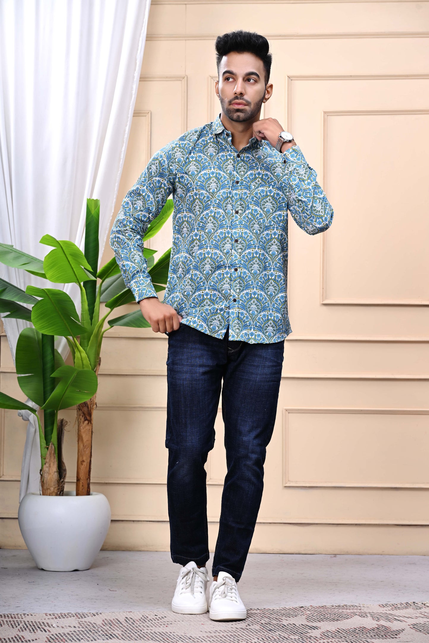 Blue Green Floral Print Sanganeri Shirt