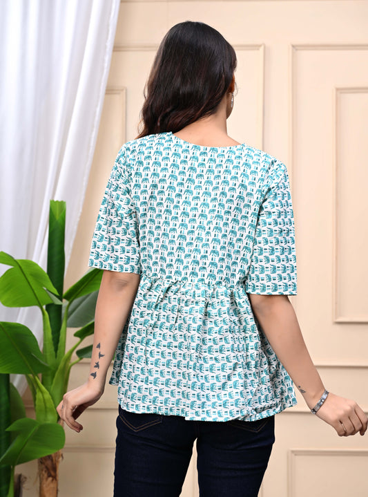 Green Elephant Print Sanganeri Women's Top