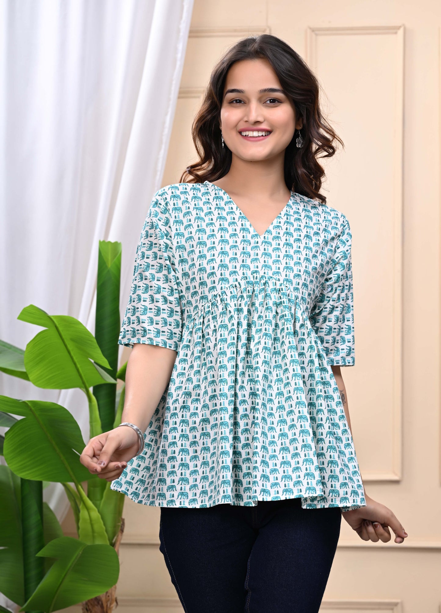 Green Elephant Print Sanganeri Women's Top