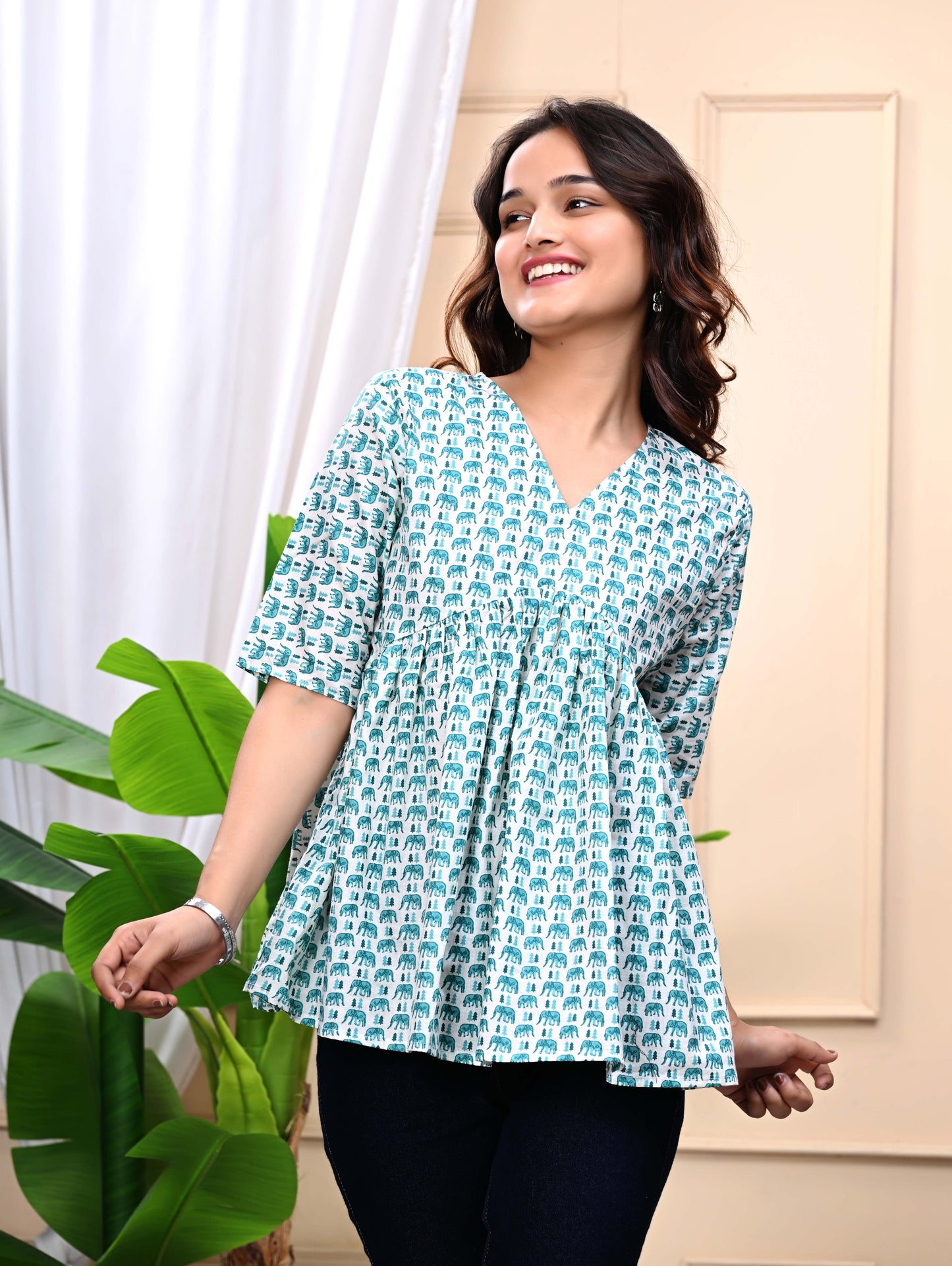 Green Elephant Print Sanganeri Women's Top