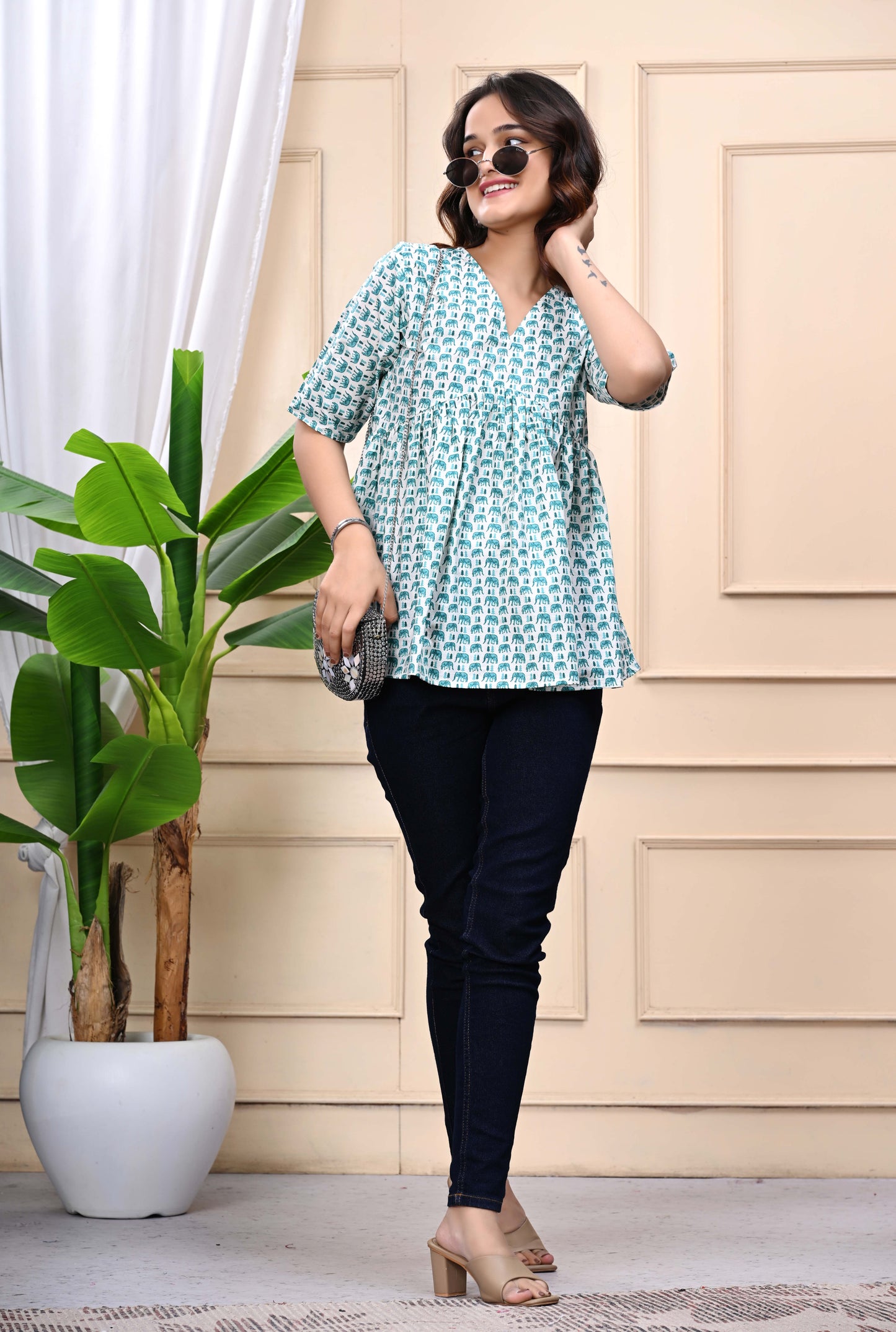 Green Elephant Print Sanganeri Women's Top