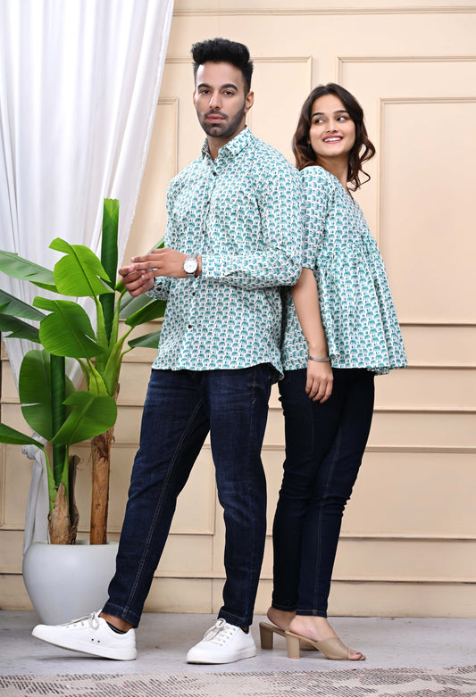 Green Elephant Print Sanganeri Combo