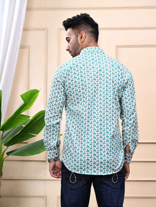Green Elephant Print Sanganeri Shirt