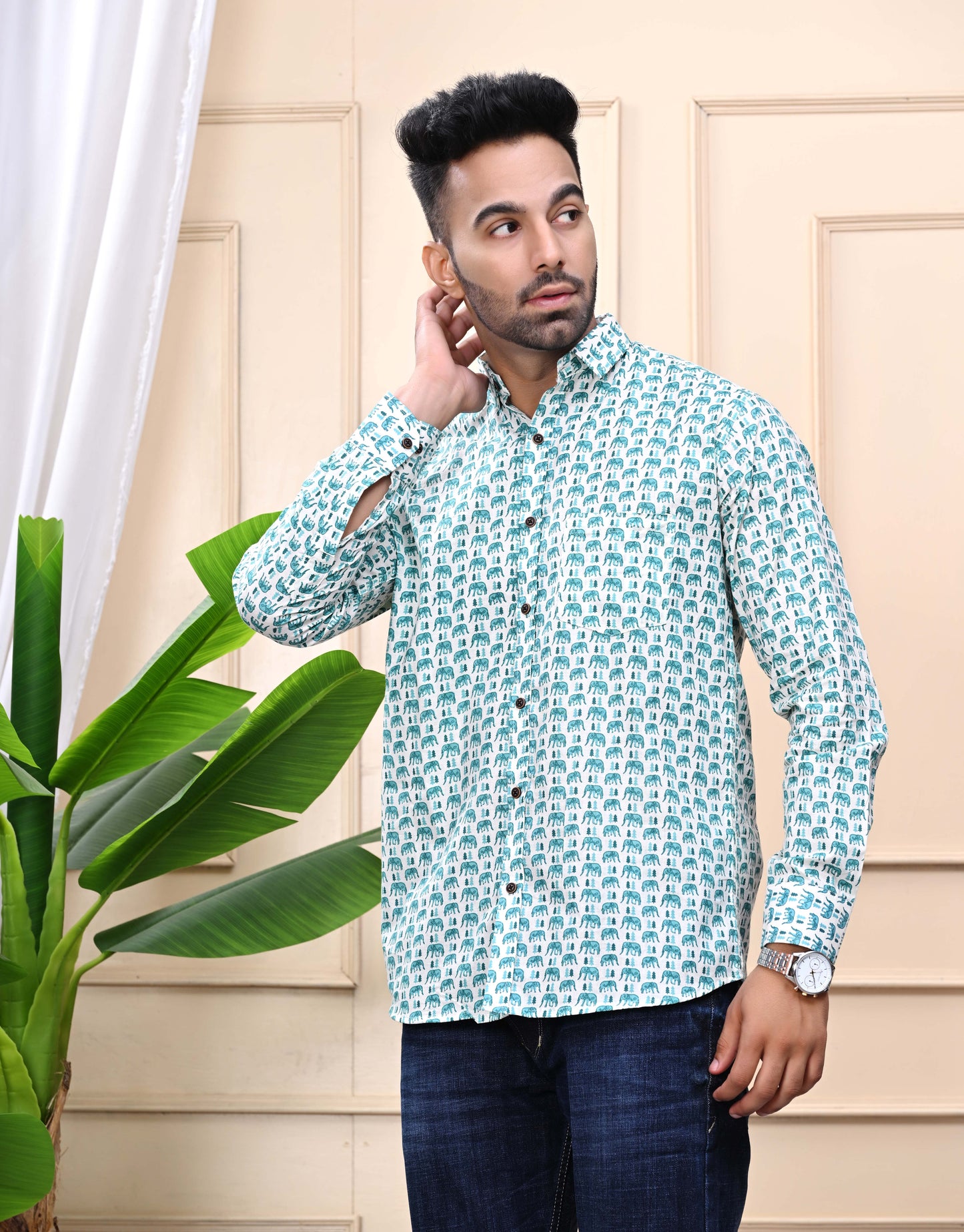 Green Elephant Print Sanganeri Shirt