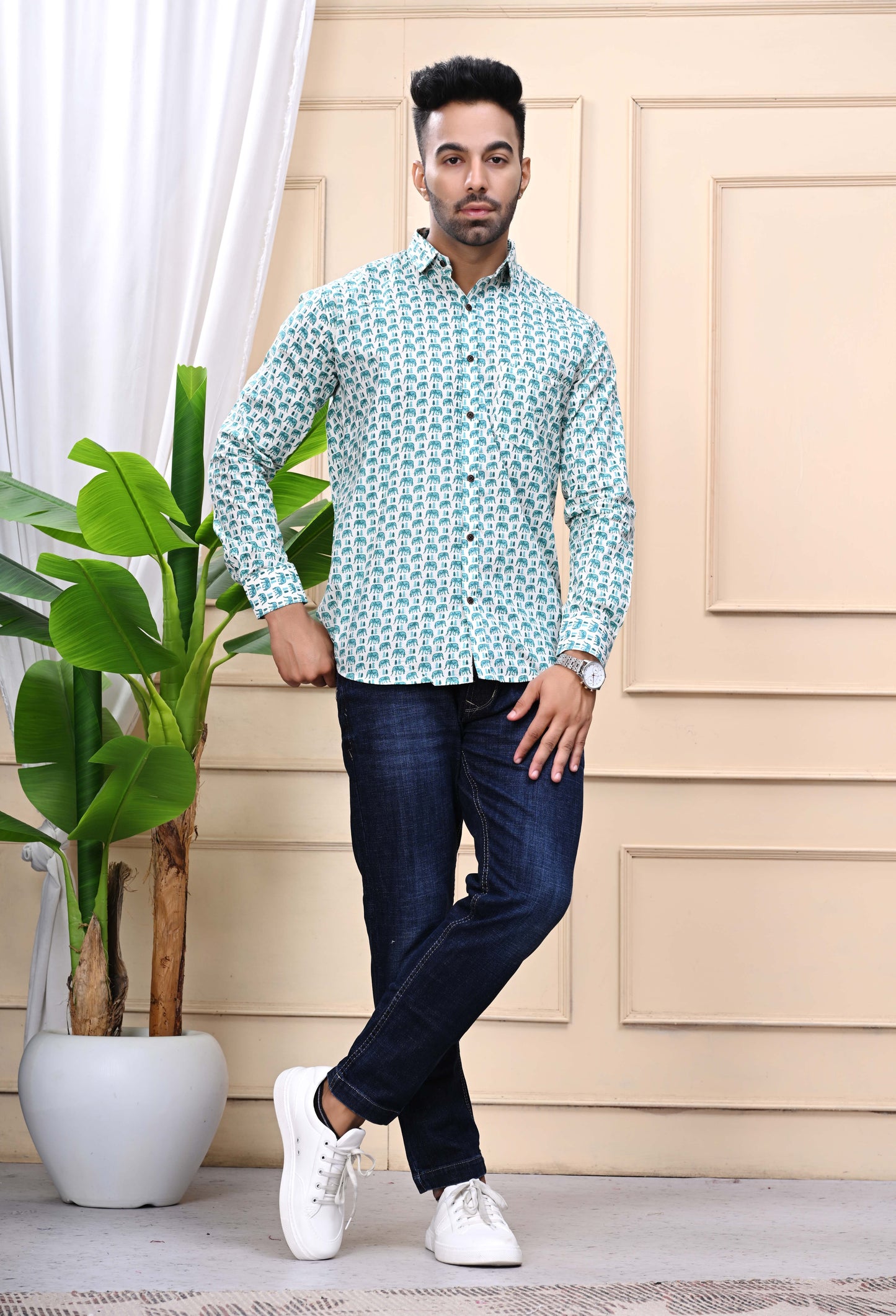 Green Elephant Print Sanganeri Shirt