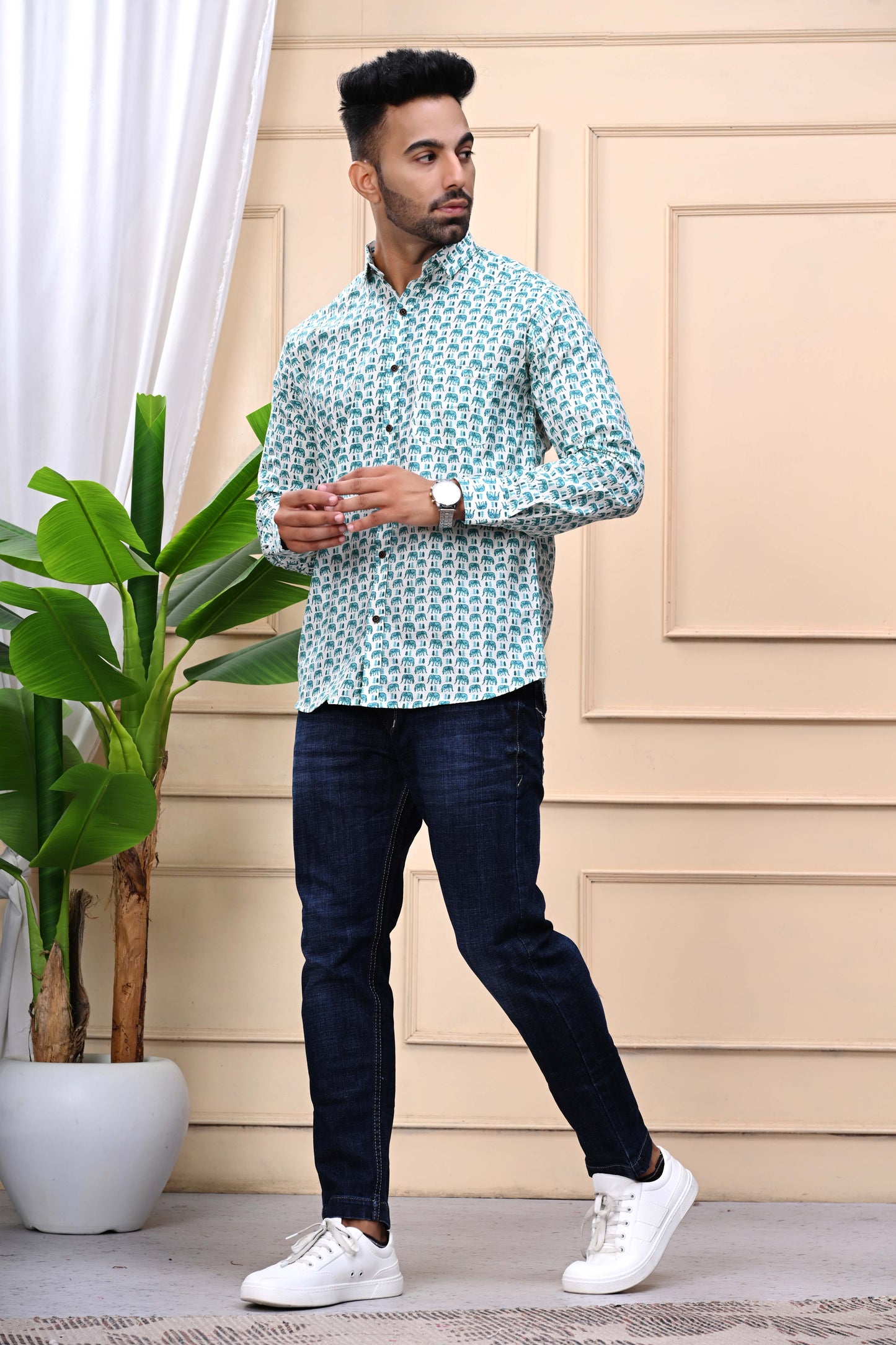 Green Elephant Print Sanganeri Shirt