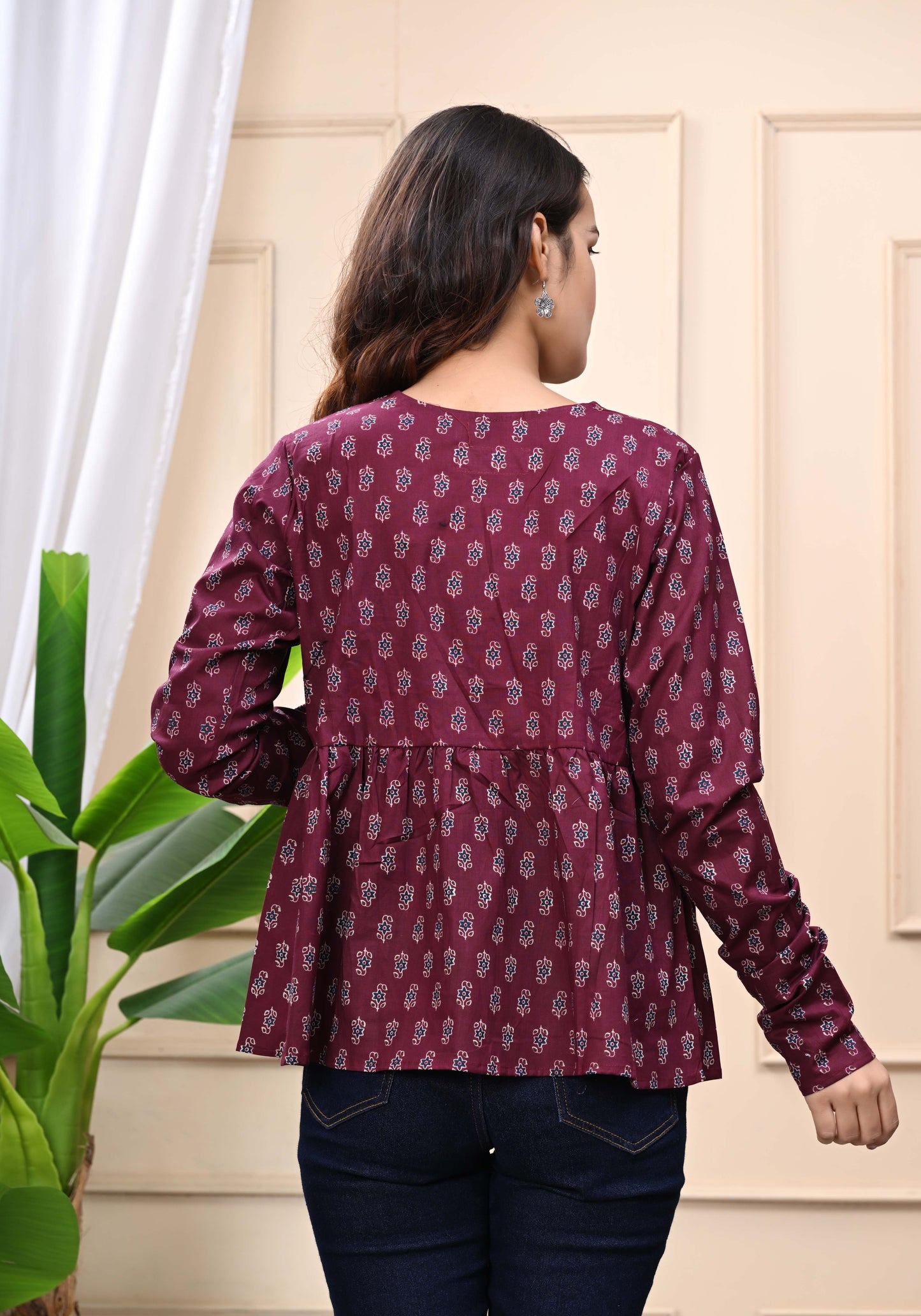 Maroon - Floral Print Sanganeri Women's Top
