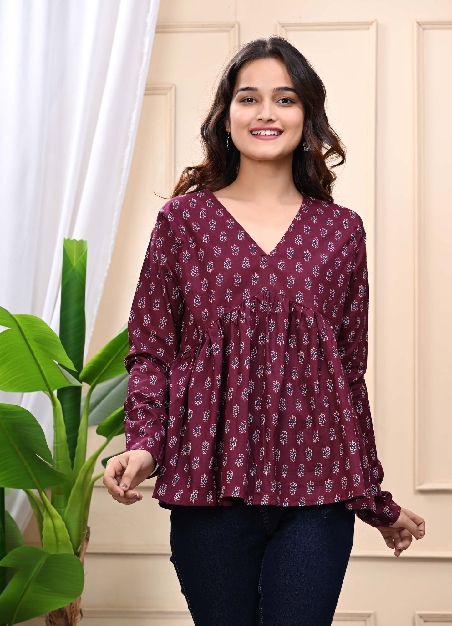 Maroon - Floral Print Sanganeri Women's Top