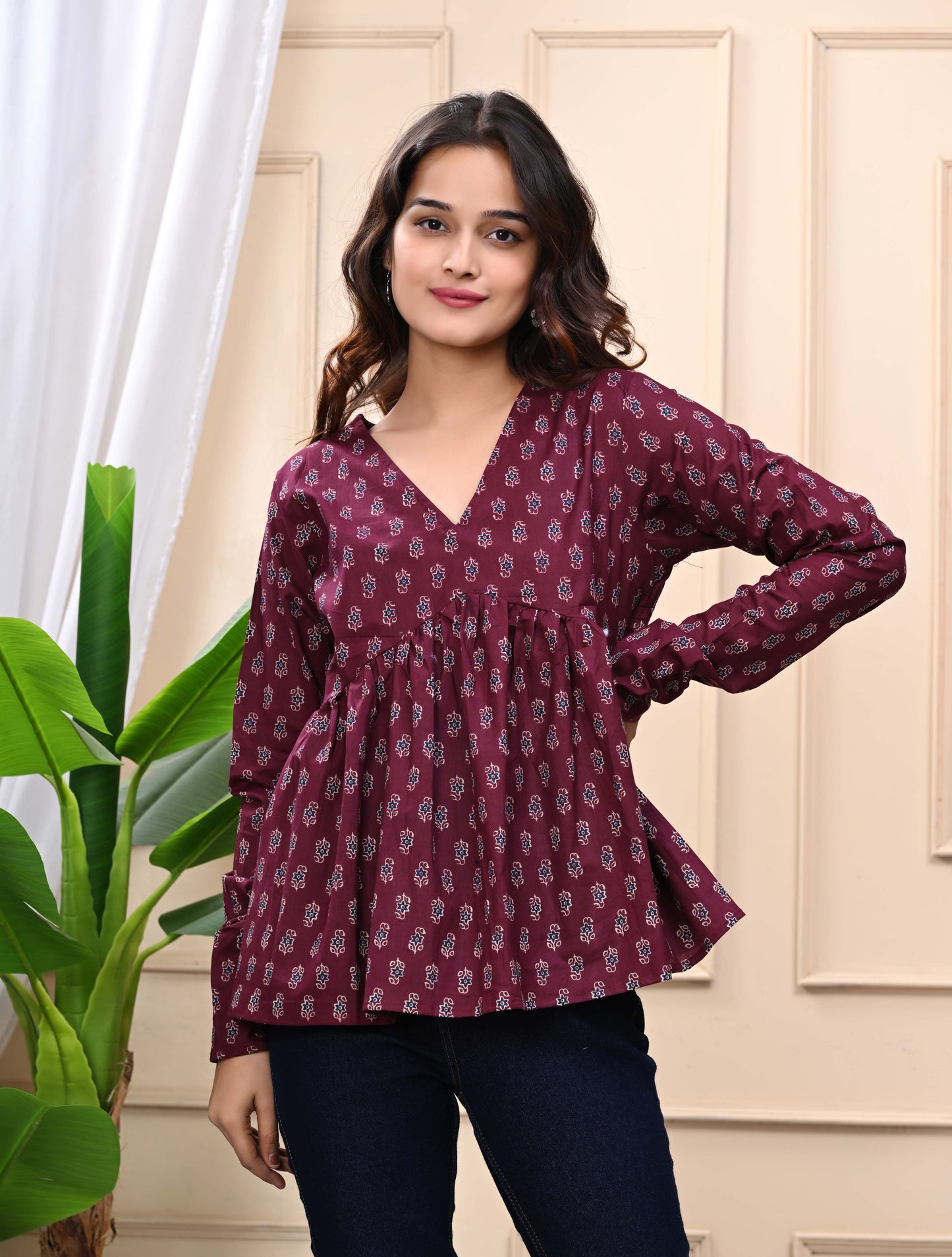 Maroon - Floral Print Sanganeri Women's Top