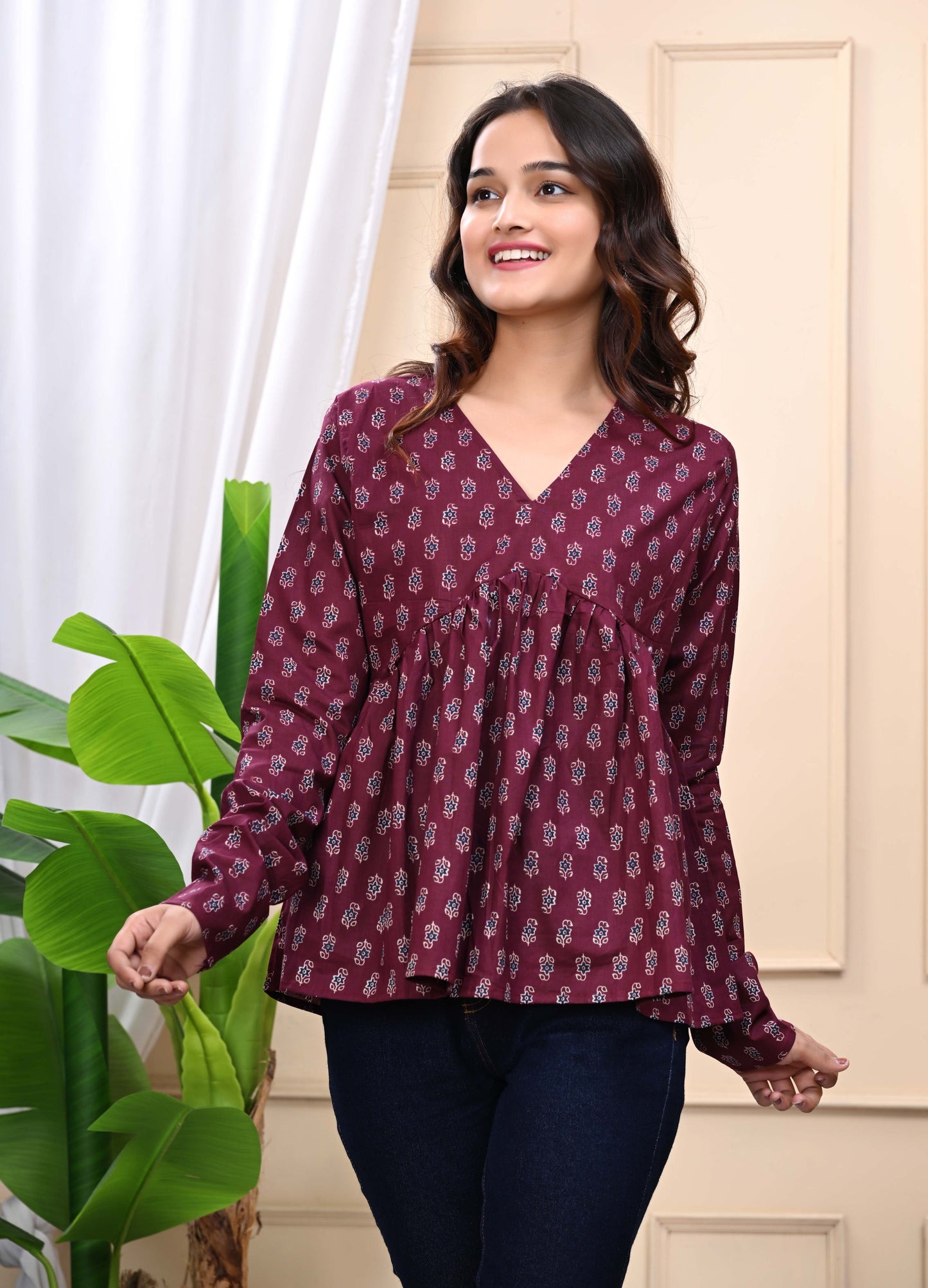 Maroon - Floral Print Sanganeri Women's Top