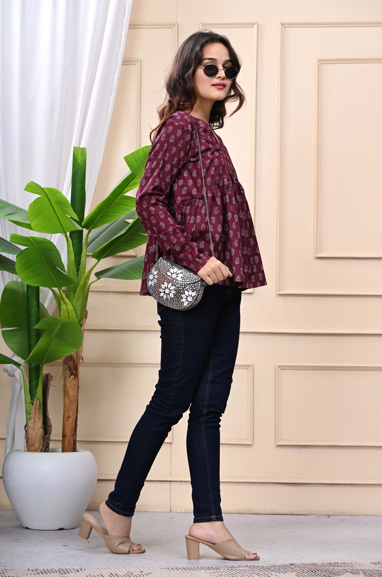 Maroon - Floral Print Sanganeri Women's Top